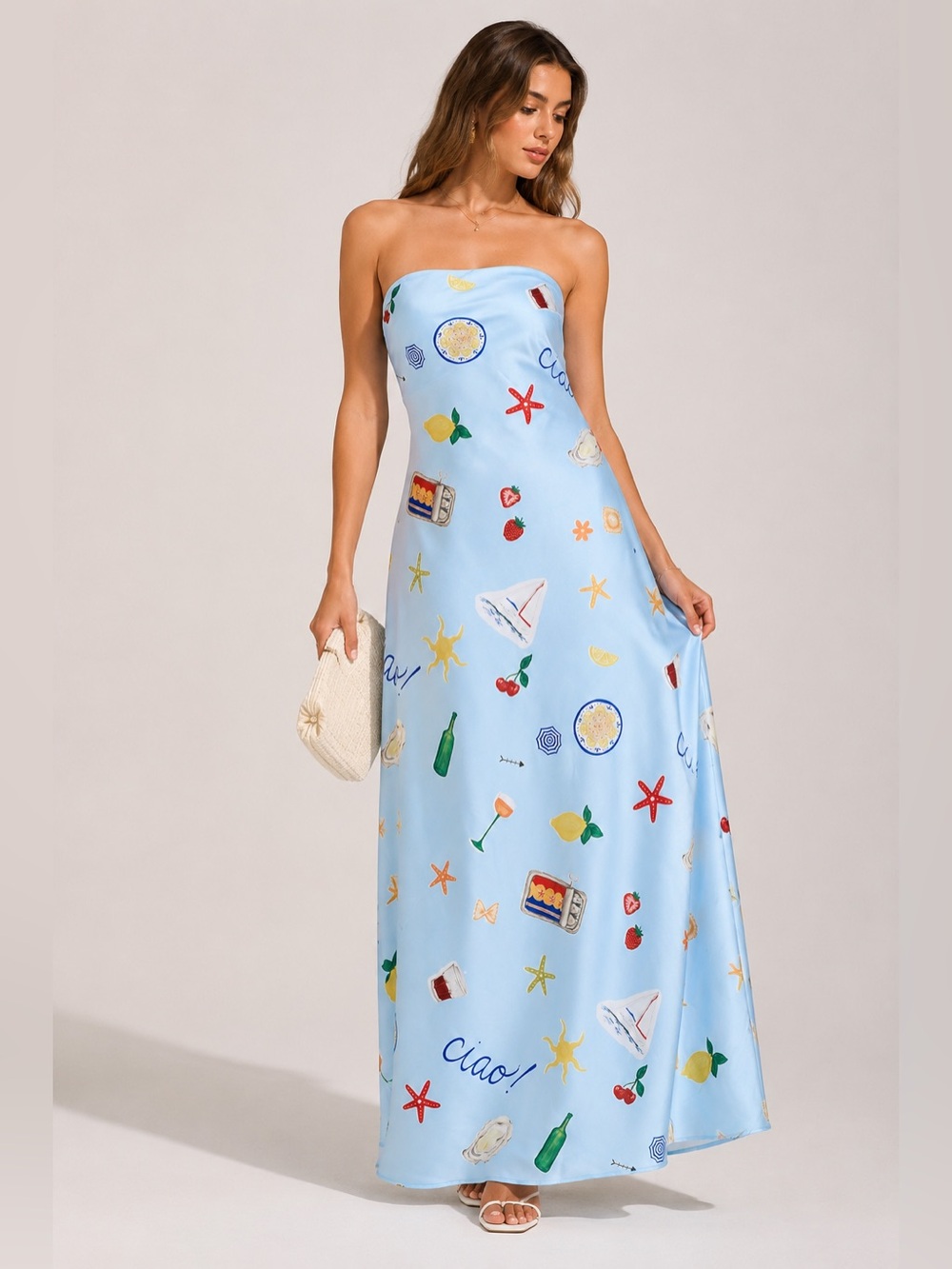 NWT For Love & Lemons Carla Blue Strapless Printed Satin Maxi Dress Medium